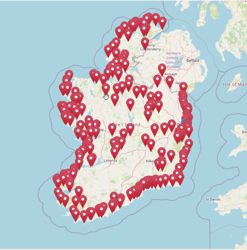 A map of Ireland displaying markers for swim spots